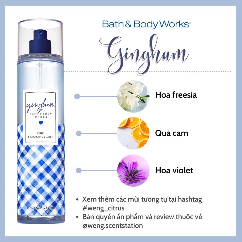 Xịt thơm toàn thân bodymist Bath & Body Works mùi Gingham