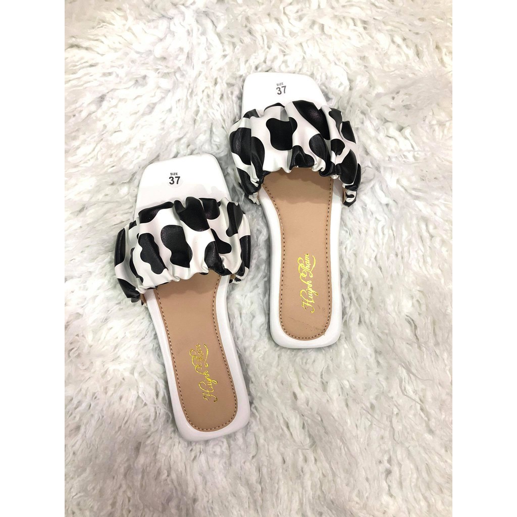 dép quai ngang nữ nhúm thun họa tiết bò sữa siêu hot mẫu mới 2021