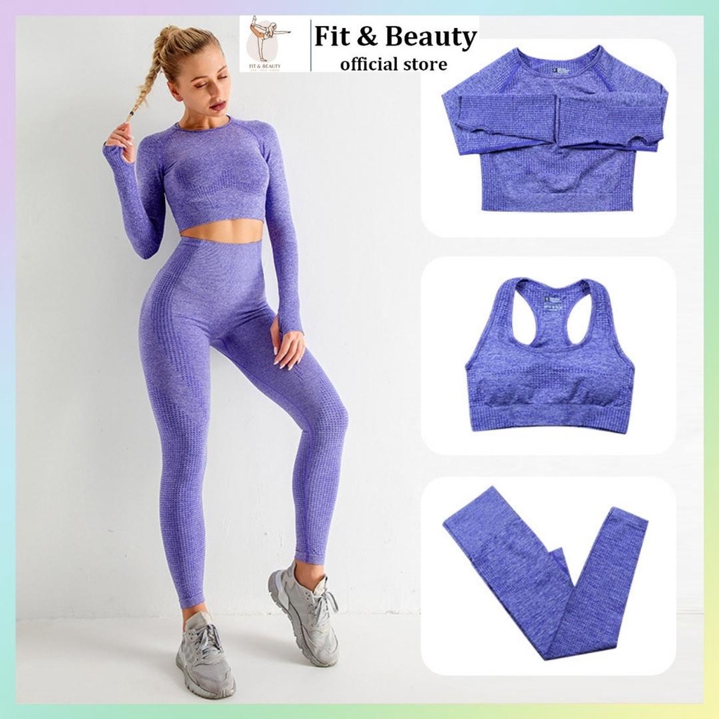 Bộ tập gym nữ dài tay 3 món big size | áo croptop tập gym dài tay | quần tập legging lưng cao | sport bra  SET05