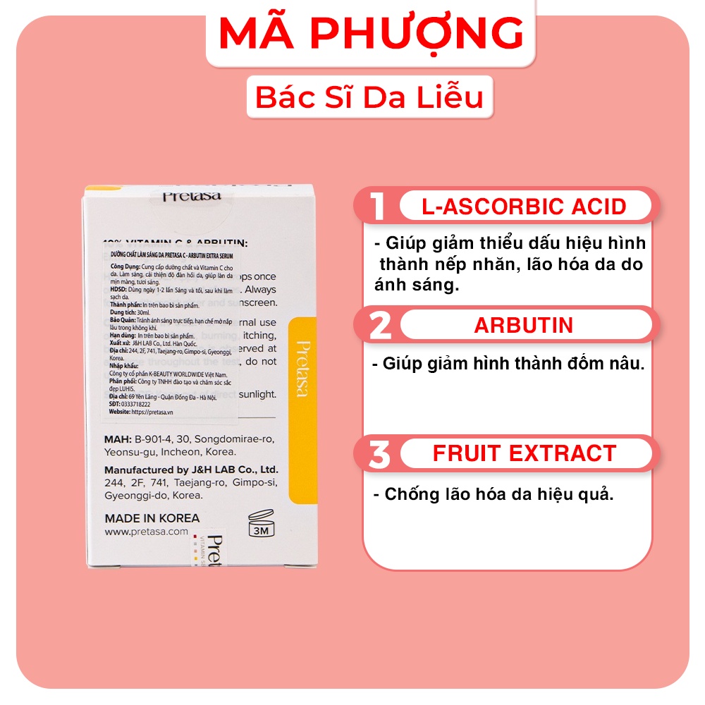 Serum Sáng da mờ thâm Pretasa vitamin C Arbutin VÀNG - Hàng Chính Hãng - Dược Mỹ Phẩm Bác Sĩ Mã Phượng