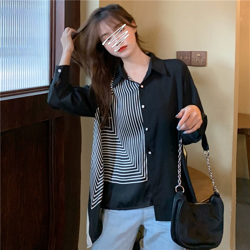 IELGY   Áo Sơ Mi Tay Dài Họa Tiết Kẻ Sọc Thời Trang Mùa Thu Dễ Phối Đồ Cho Nữ