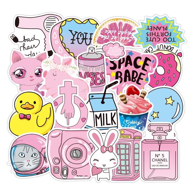 Sét 30-50 Sticker màu Hồng ép lụa -hình dán pink có đề can bóc dán