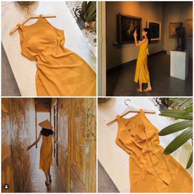 Đầm midi nơ lưng vàng / trắng / đen