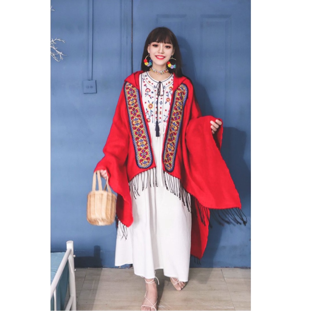 Khăn áo choàng boho thổ cẩm nữ thu đông Áo choàng len dạ dày poncho khoác ngoài - ACTH The Collar Box