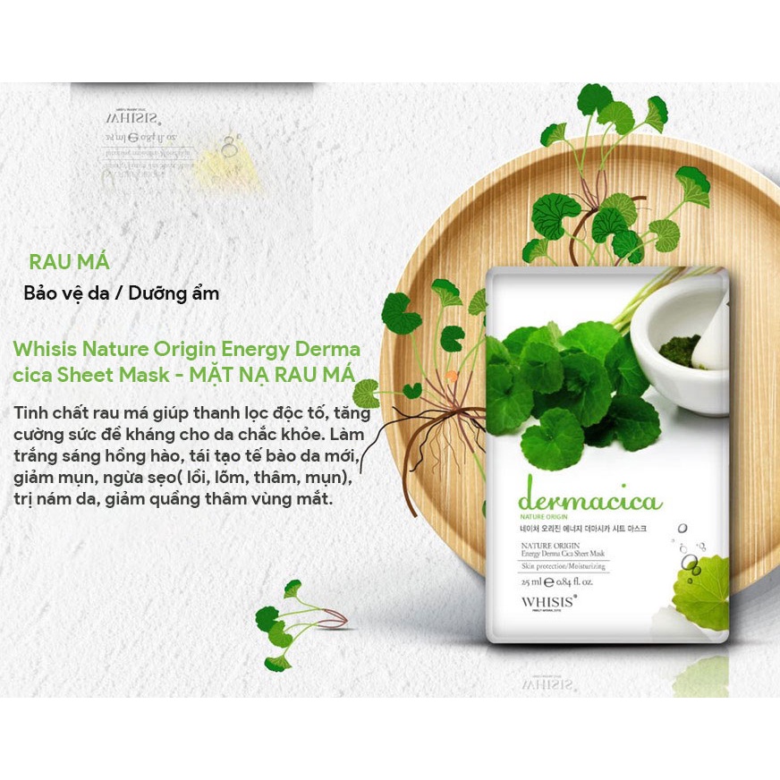 Mặt Nạ Dưỡng Da Rau Má Whisis Nature Origin Energy Derma Cica Sheet Mask Dưỡng Da Trắng Sáng, Tái Tạo Da 25ml