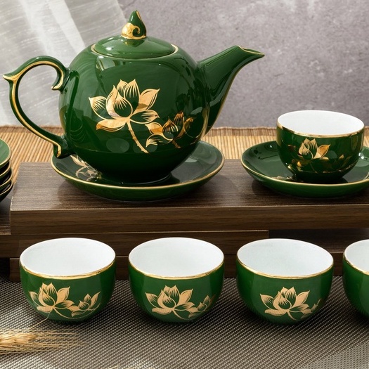 Bộ ấm trà men ngọc lục bảo vẽ vàng kim 18k cao cấp, gốm sứ Bát Tràng