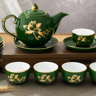 Bộ ấm trà men ngọc lục bảo vẽ vàng kim 18k cao cấp, gốm sứ Bát Tràng