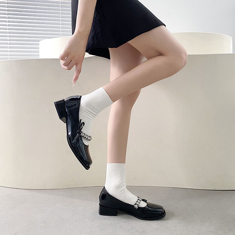 Giày cao gót IELGY mũi vuông bằng da đính nơ phong cách thời trang dành cho nữ