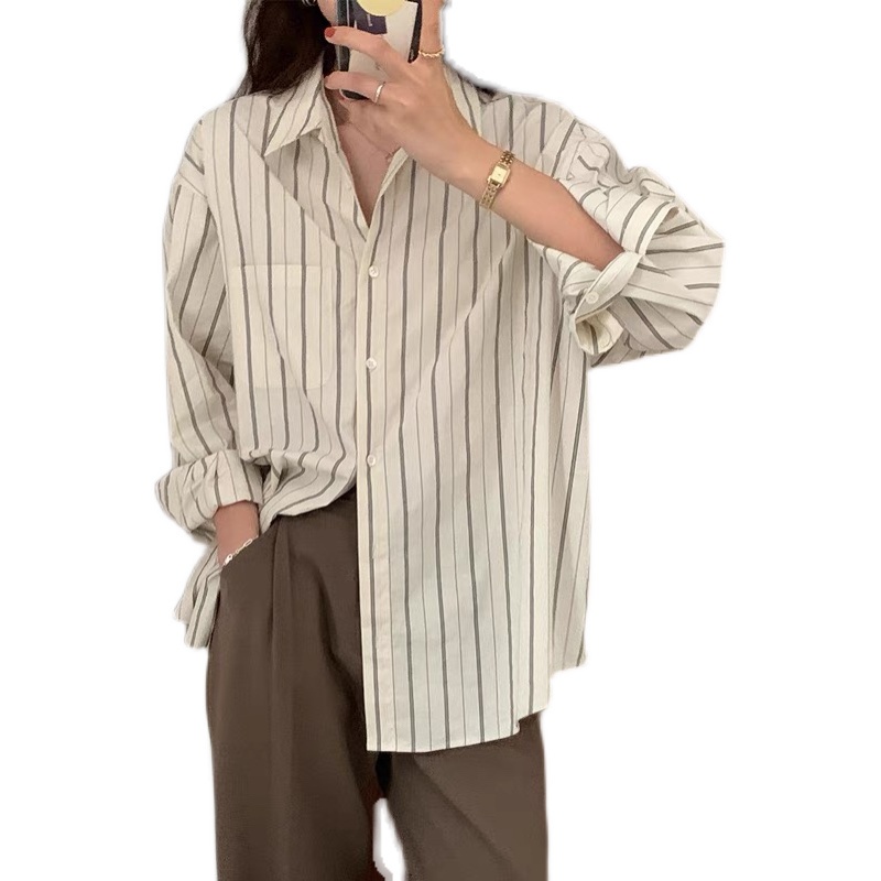 SUXI Áo sơ mi tay dài dáng rộng kẻ sọc thời trang mùa thu hàng mới dành cho bạn nữ