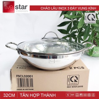 Chảo lẩu inox 3 đáy Fivestar đường kính 32cm vung kính - Hàng chính hãng, bảo hành 5 năm