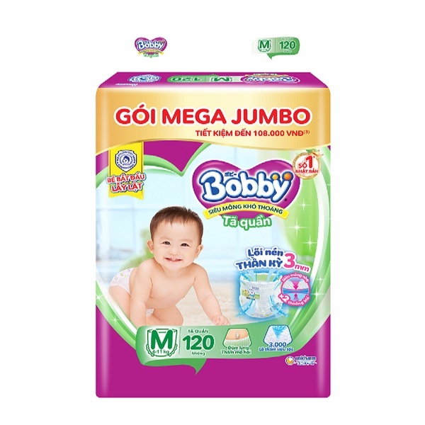 Tả quần Bobby Mega Jumbo đủ size L104, XL96, XXL88 miếng, tả quần bobby mẫu mới lõi nén thần kỳ