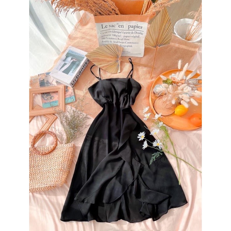 Đầm 2 dây nữ nhún bèo kết hợp kèm áo thun đi chơi, du lịch cực đẹp | BigBuy360 - bigbuy360.vn