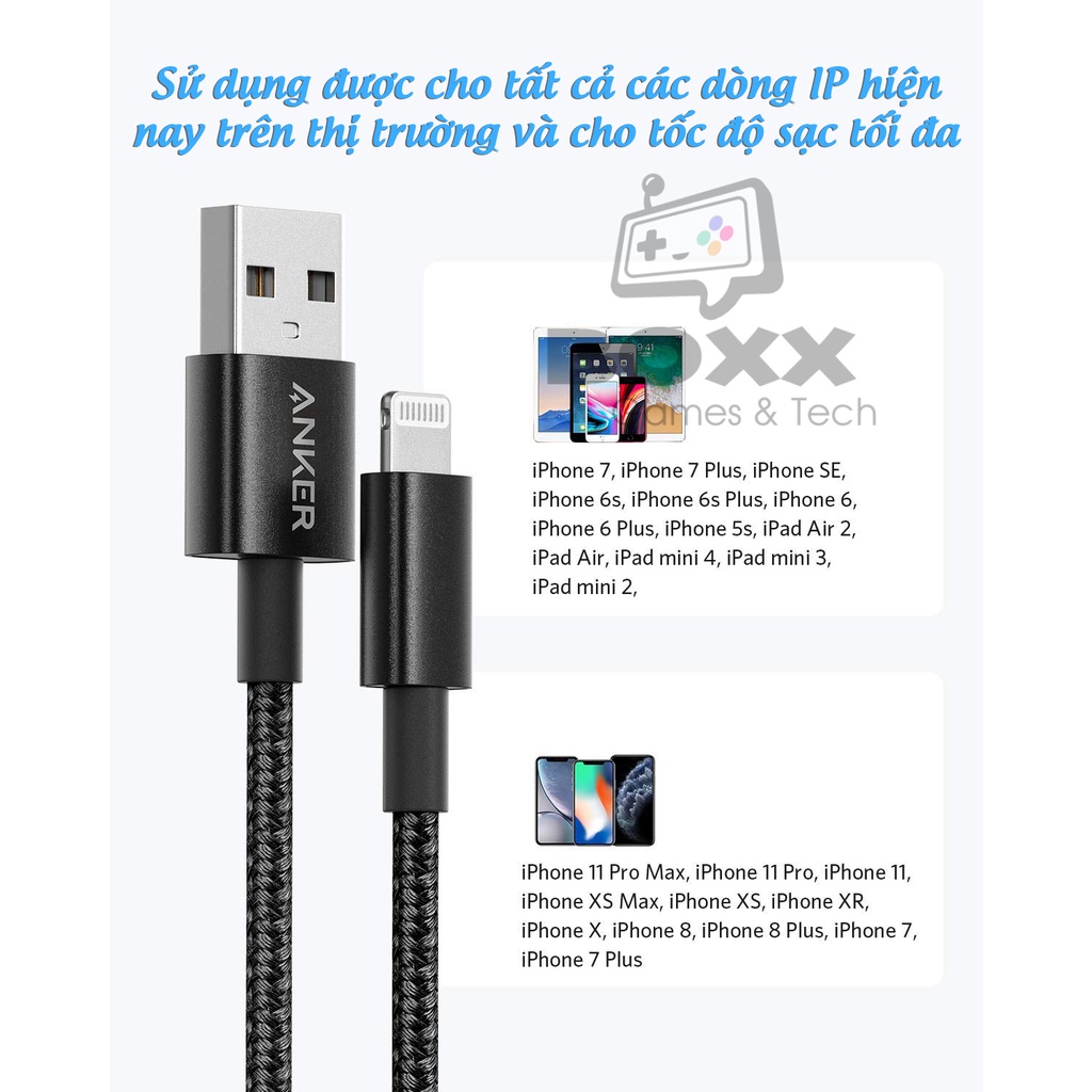 Cáp sạc ANKER Nylon 2 dài 1M A8152 dùng sạc nhanh cho điện thoại