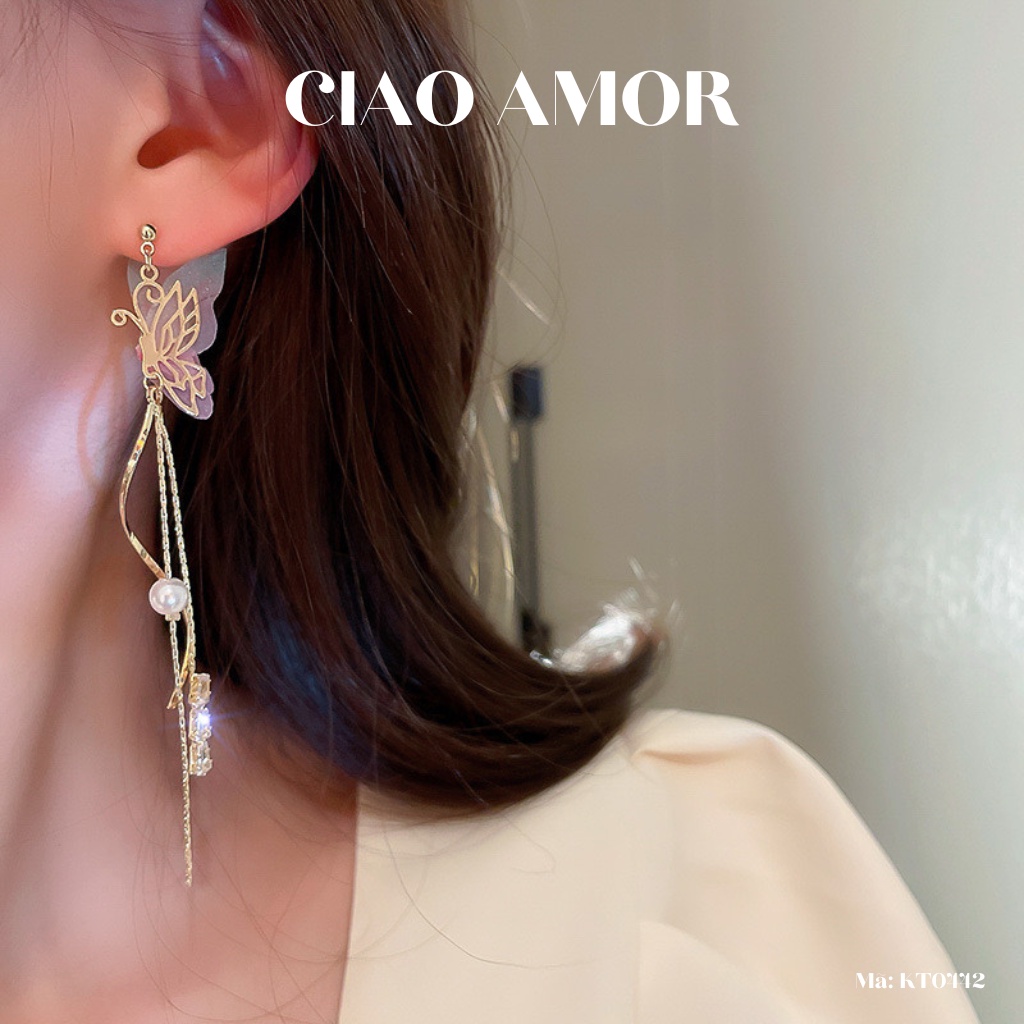 Khuyên tai nữ, Bông tai bạc 925 cánh dài hồng tiểu thư quý phái Trang sức Ciao Amor - KT0442