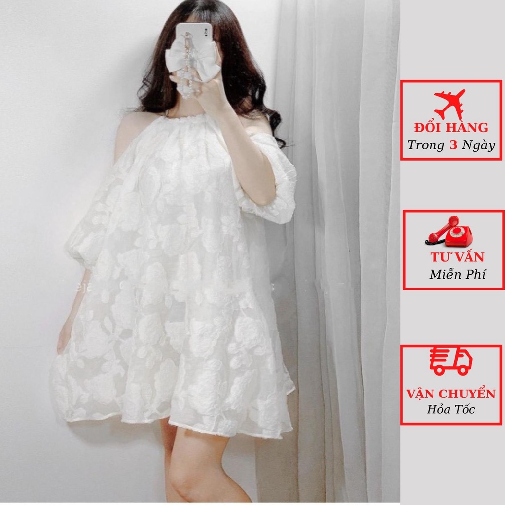 Váy trễ vai babydoll nữ cổ yếm tay bồng ren hoa nổi tiểu thư bánh bèo đi biển du lịch ulzzang Hàn Quốc