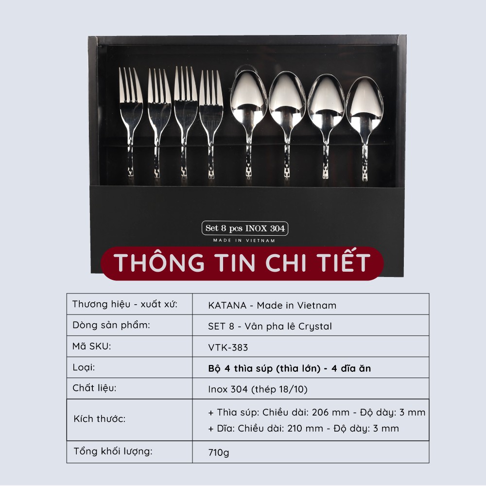 Bộ thìa súp và dĩa ăn inox pha lê KATANA Crystal VTK383 8 món