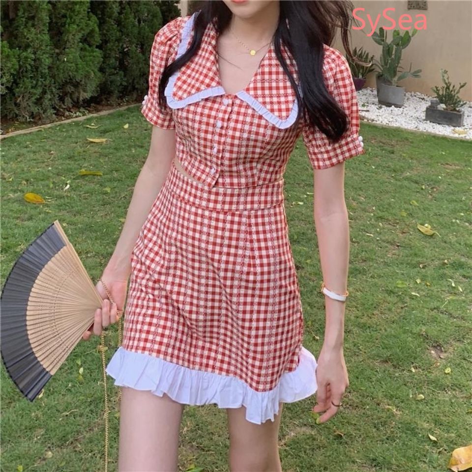 Set áo sơ mi ngắn tay và chân váy dễ thương thời trang dành cho nữ