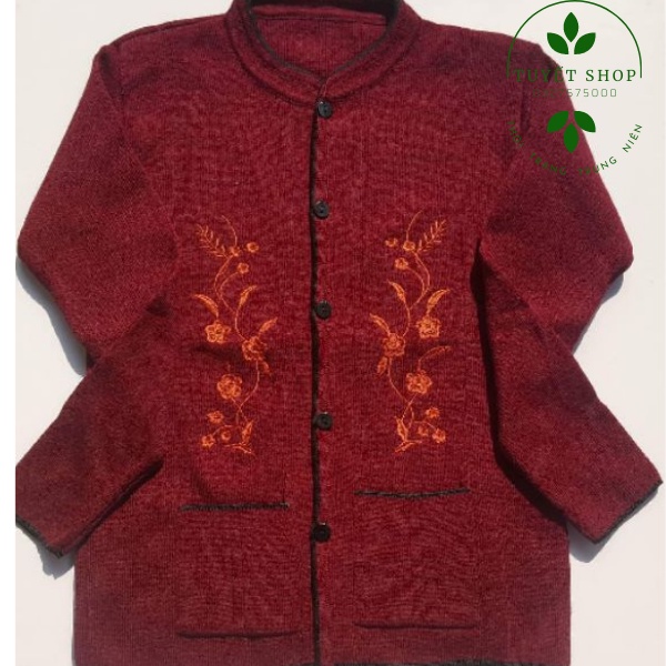 Áo Len Thêu Hoa Mai Cài Cúc Cho Bà Chất Len Mỏng