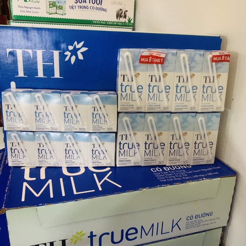 Vỉ 4 Hộp Sữa TH True Milk Hộp 110ml-180ml Có Đường/Ít đường