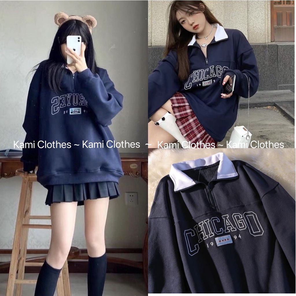 Áo Hoodie xanh dương phong cách Hàn Quốc, Áo Sweater cao cổ dài tay bồng form rộng cá tính Ulzzang - KAMI Clothes