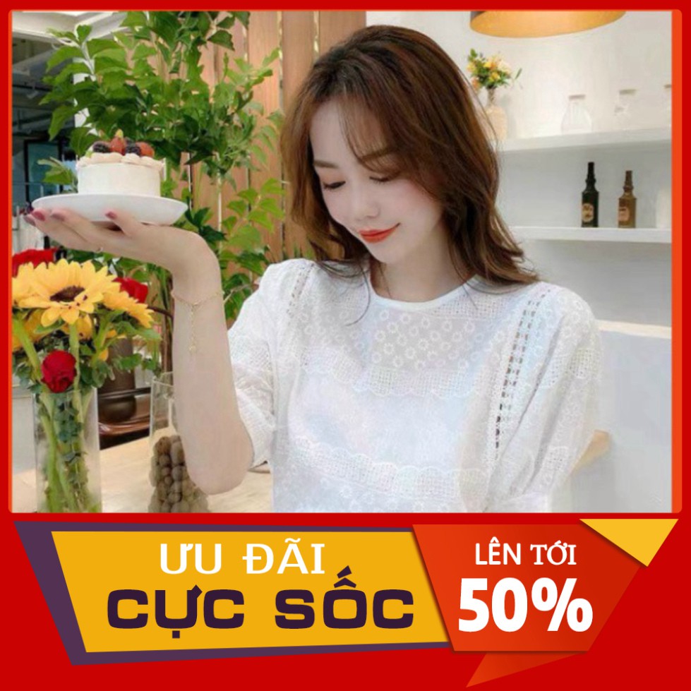Áo Sơ Mi Cổ Tròn Dáng Xòe Tay Ren Ngắn Bèo Ngực Chữ U Họa Tiết Ren Thêu Hoa Nhí kèm video+ảnh thật aosominuhot