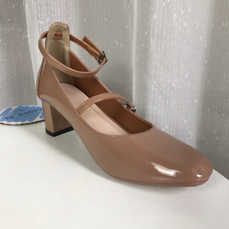 Sandal cao gót 2 dây da bóng màu đen, trắng, nude đậm TH shoes gót 5 cm