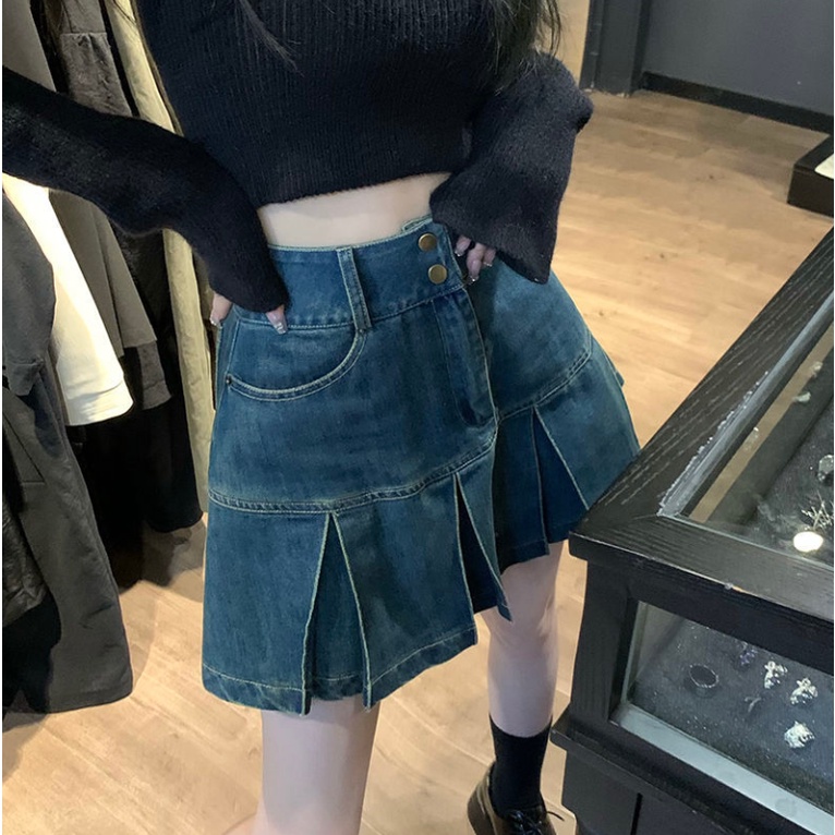 Jiashucheng Chân Váy Denim Chữ a Xếp Ly Lưng Cao Phong Cách Retro Mùa Hè Mới Cho Nữ