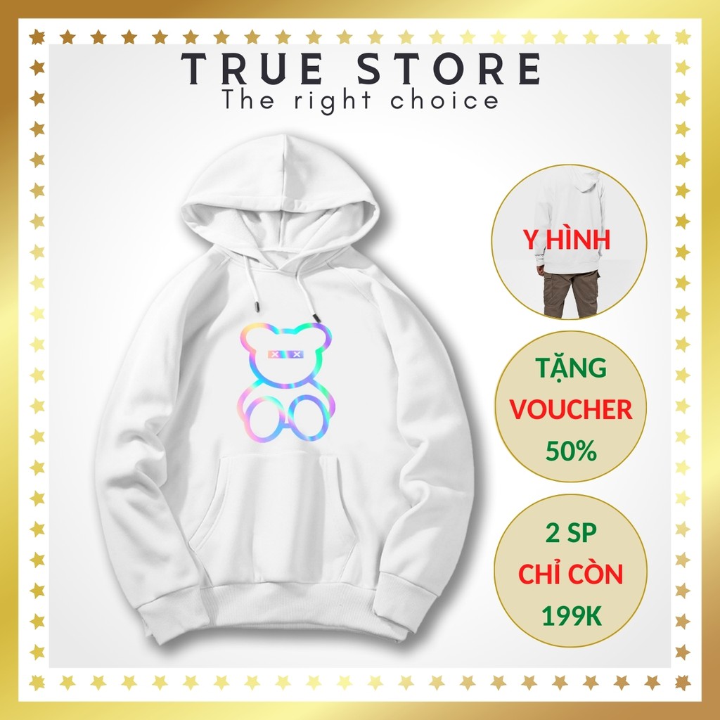 Áo khoác nỉ cao cấp phản quang hình GẤU TEDDY áo khoác cặp hoodie freesize dưới 75kg màu trắng, True Store đảm bảo, KN26