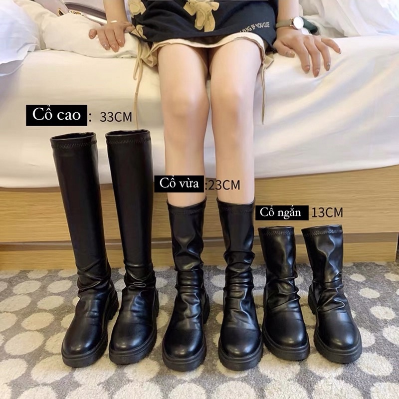 Bốt nữ da nhăn cổ ngắn và cổ cao dưới đầu gối không khoá đế cao 3,5cm