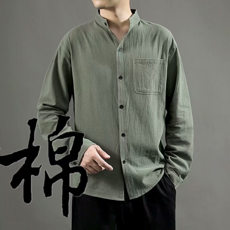 Áo Sơ Mi Tay Dài Cổ Đứng Bằng Vải Lanh Cotton Màu Trơn Phong Cách Harajuku Nhật Bản Đơn Giản