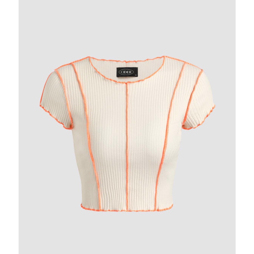 ÁO THUN CROPTOP SỌC GÂN CỔ TRÒN NGẮN TAY MÀU BE SỢI TỔNG HỢP MÙA XUÂN HẰNG NGÀY