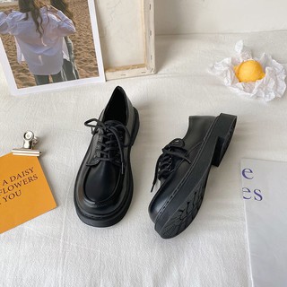 Giày ulzzang, giày oxford nữ mũi tròn buộc dây hai màu đen bóng và đen nhám hàng có sẵn