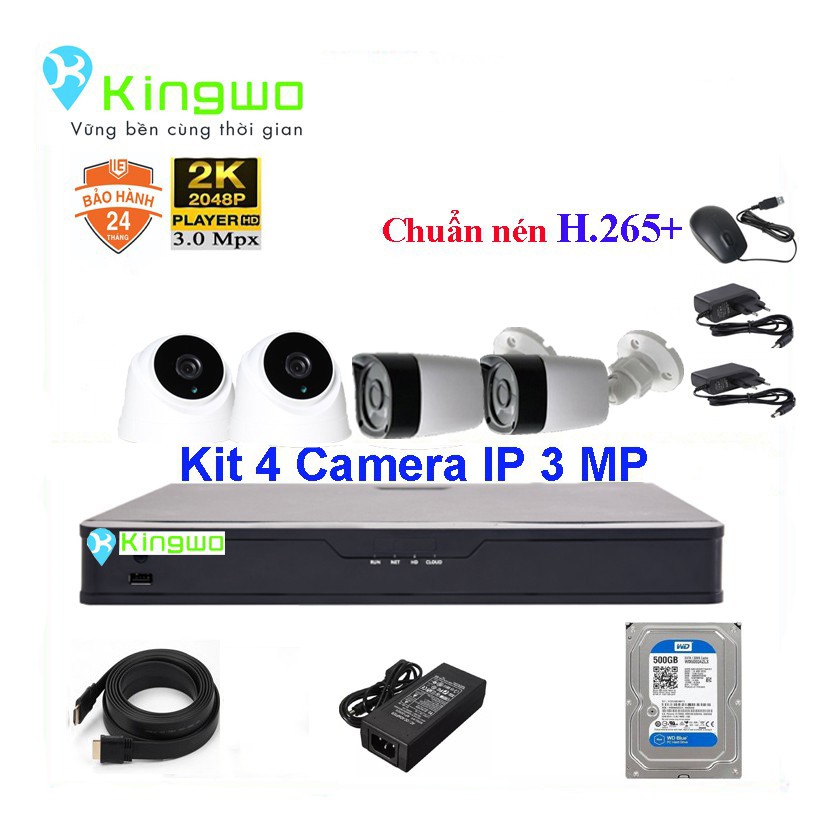 Bộ KIT 4 camera IP (2 Dome + 2 Thân) 3.0MP KingWo (NON-POE)Có ổ cứng 500G, chống nước-Bảo hành 2 năm 1 đổi 1