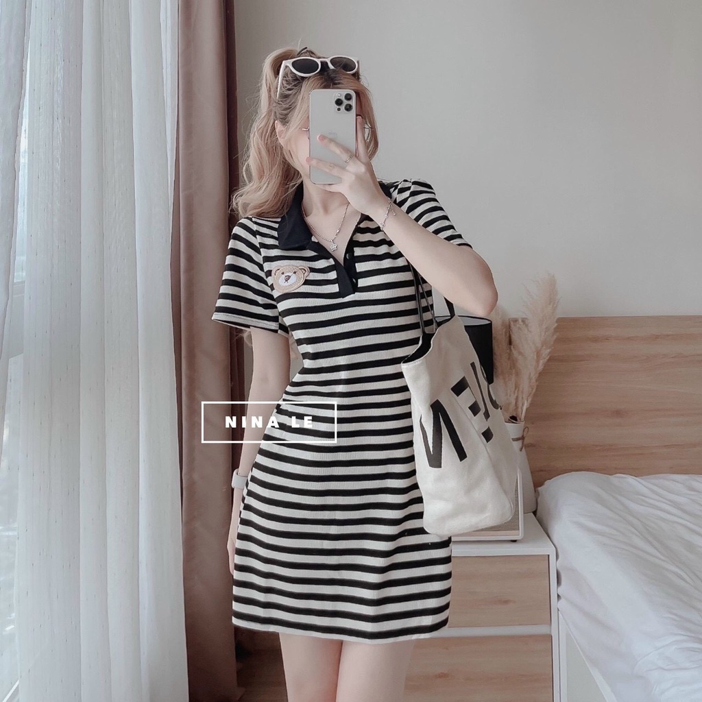 đầm gân sọc thêu gấu cổ trụ ngắn tay