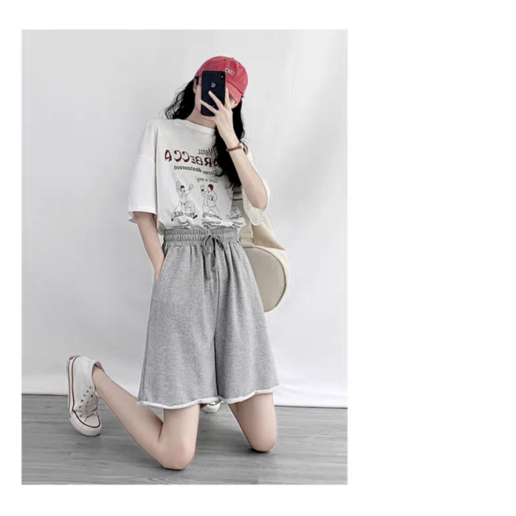 Set quần đùi xám kèm áo thun Menu nữ - Bộ đồ short ống rộng, phông tay lỡ oversize in hình cá tính Ulzzang SIÊU ĐẸP