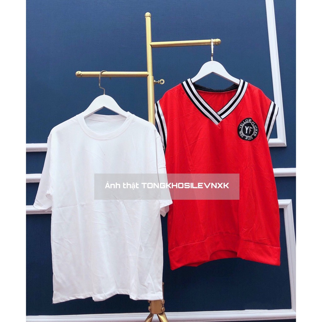 Áo Gile Nữ Kèm Áo Thun Trắng - Set Áo Gile Đỏ Logo Trước Ngực Viền Sọc Cổ V Yellow F Ulzzang Tặng Kèm Áo Trắng Bên Trong