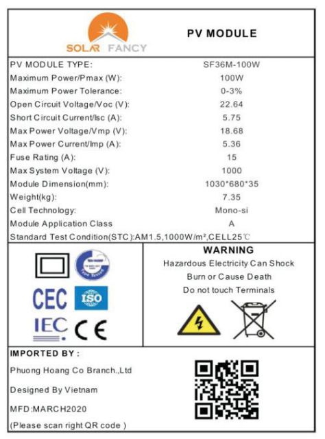 Pin NLMT Mono 100W Class A - Chính Hãng Solar Fancy.... Tặng Kèm Jack Nối MC4