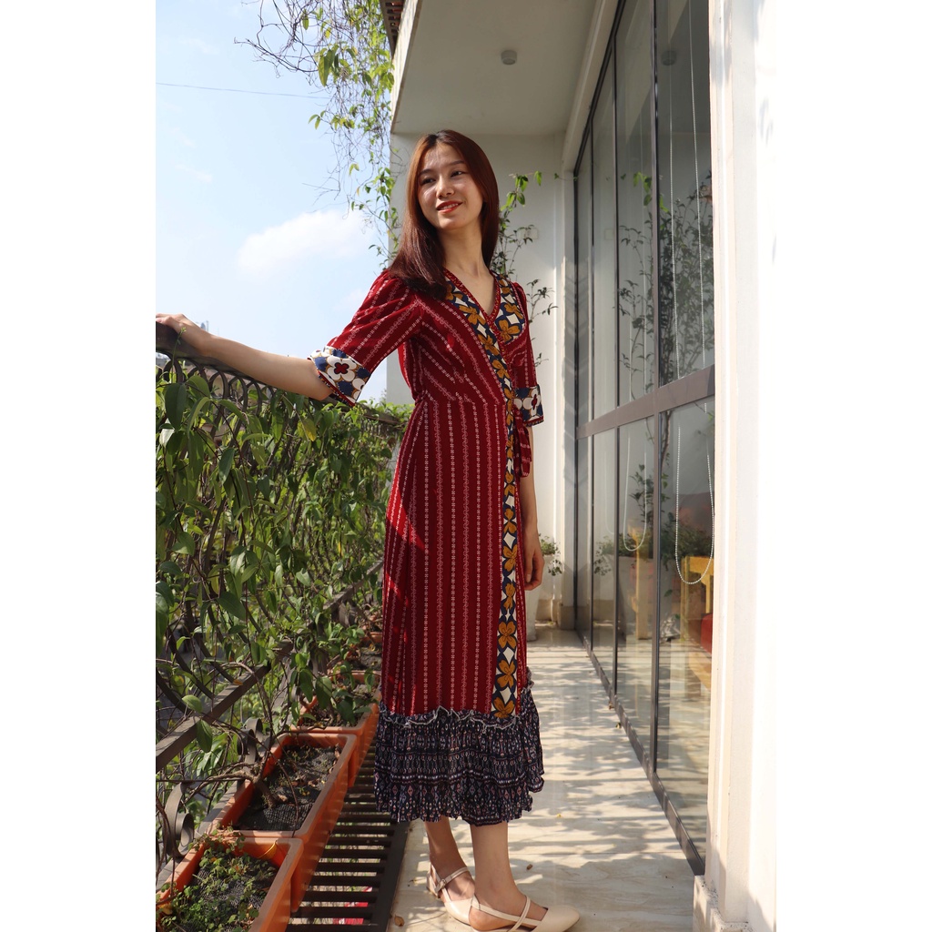 Váy đầm cuốn cột dây maxi dáng xòe dài đi biển họa tiết thổ cẩm boho vintage retro freesize giá rẻ