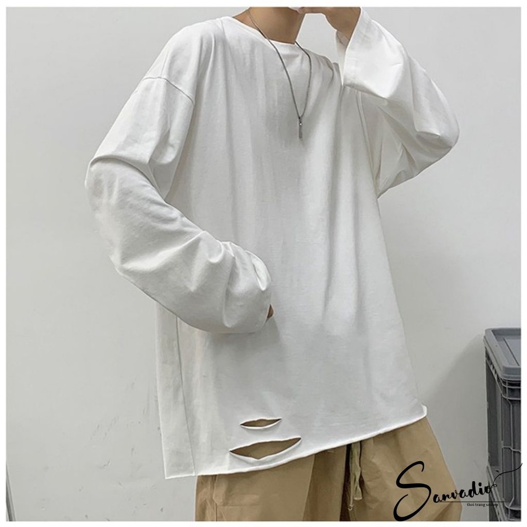 Áo Thun nam SANVADIO Áo phông dài tay from rộng unisex cá tính năng động với điểm nhấn rách gấu áo phá cách
