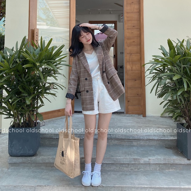 ÁO BLAZER 2 LỚP KẺ NÂU CHOCO (ảnh thật/sẵn)