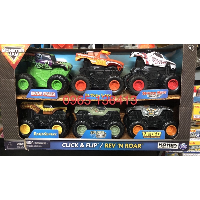 Hộp 6 xe Monster Jam gồm 3 xe bánh đà và 3 xe bật nhảy lộn nhào