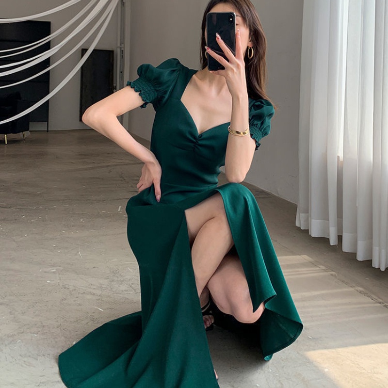 Đầm PERTY dáng chữ A cổ vuông tay ngắn phồng thiết kế xẻ tà phong cách Pháp thời trang mùa hè mới dành cho nữ