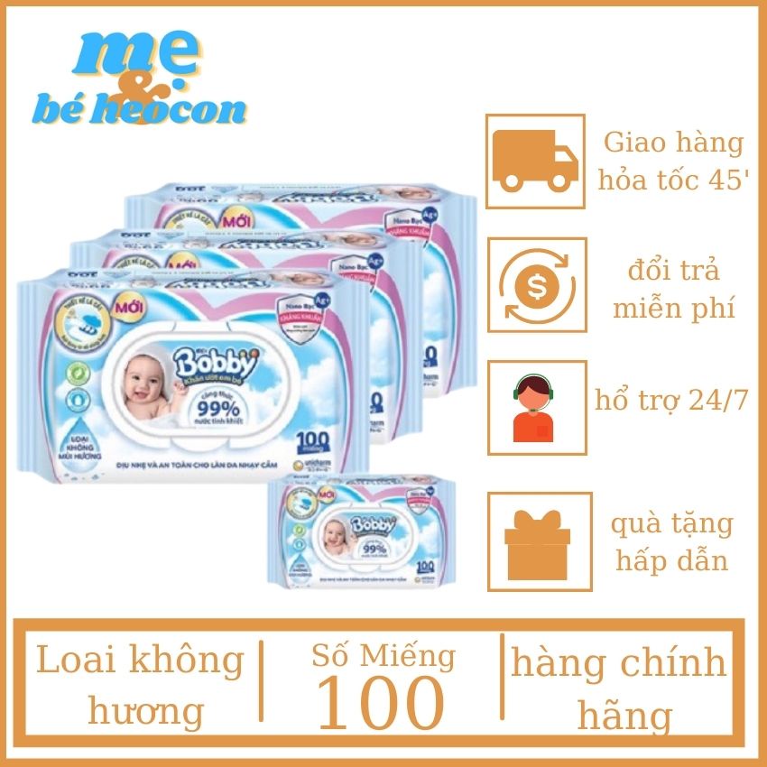 [Combo 5 Gói] Khăn Giấy Uớt Bobby 100 Tờ Dành Cho Bé  + Hàng Chính Hãng + Mevabeheocon123