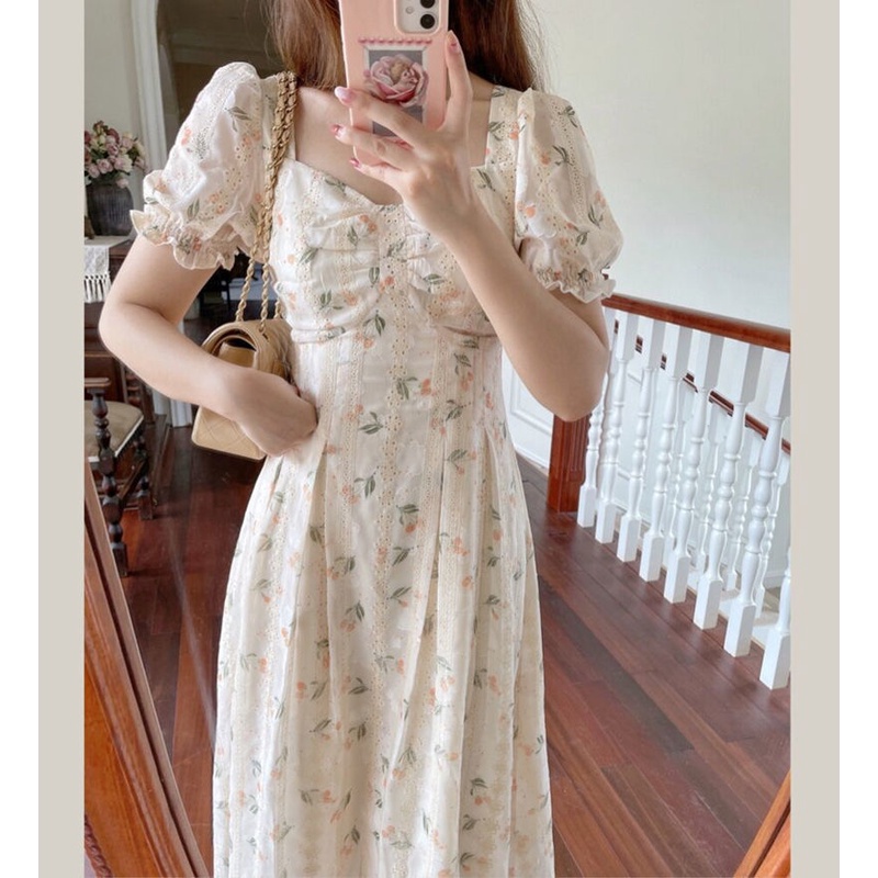 Đầm Cổ Vuông Nhấn Eo Họa Tiết Hoa Phong Cách Pháp Cổ Điển Thời Trang Mùa Hè Mới Dành Cho Nữ