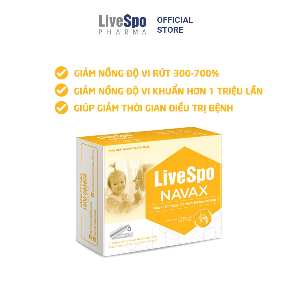 Combo 2 hộp nước muối sinh lý xịt bào tử lợi khuẩn LiveSpo Navax Kids - Dành cho trẻ sơ sinh và trẻ em 5 ống x 5ml