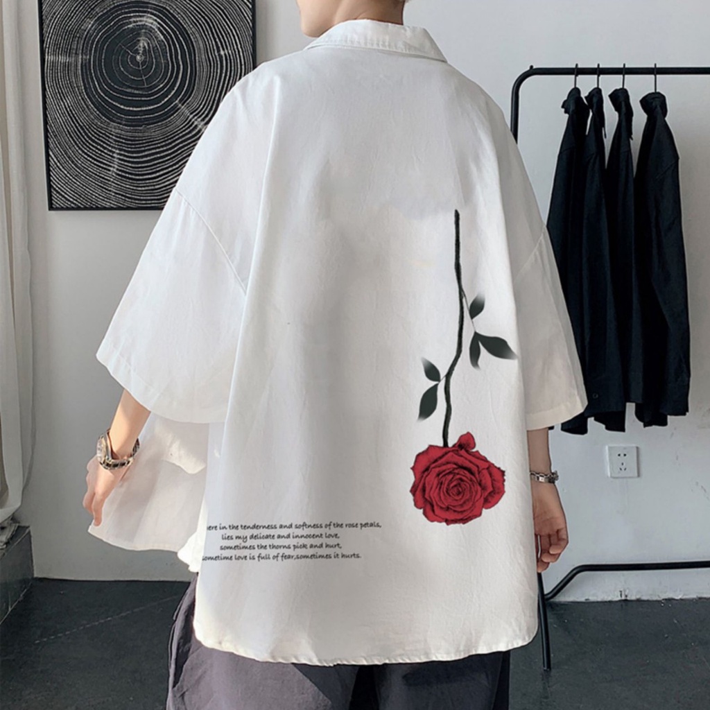 Sơ mi from rộng tay lỡ unisex nam nữ , sơ mi nam nữ vải voan lụa mịn mát free size 40kg - 70kg in hoa hông ngược