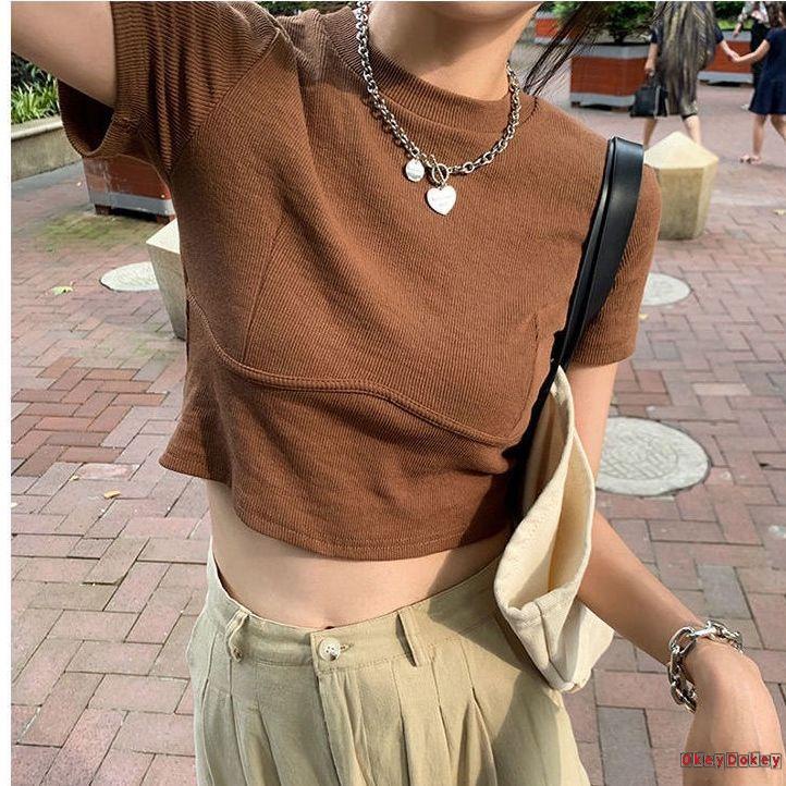 Áo Thun Croptop Tay Ngắn Cổ Tròn Màu Trơn Thời Trang Cho Nữ