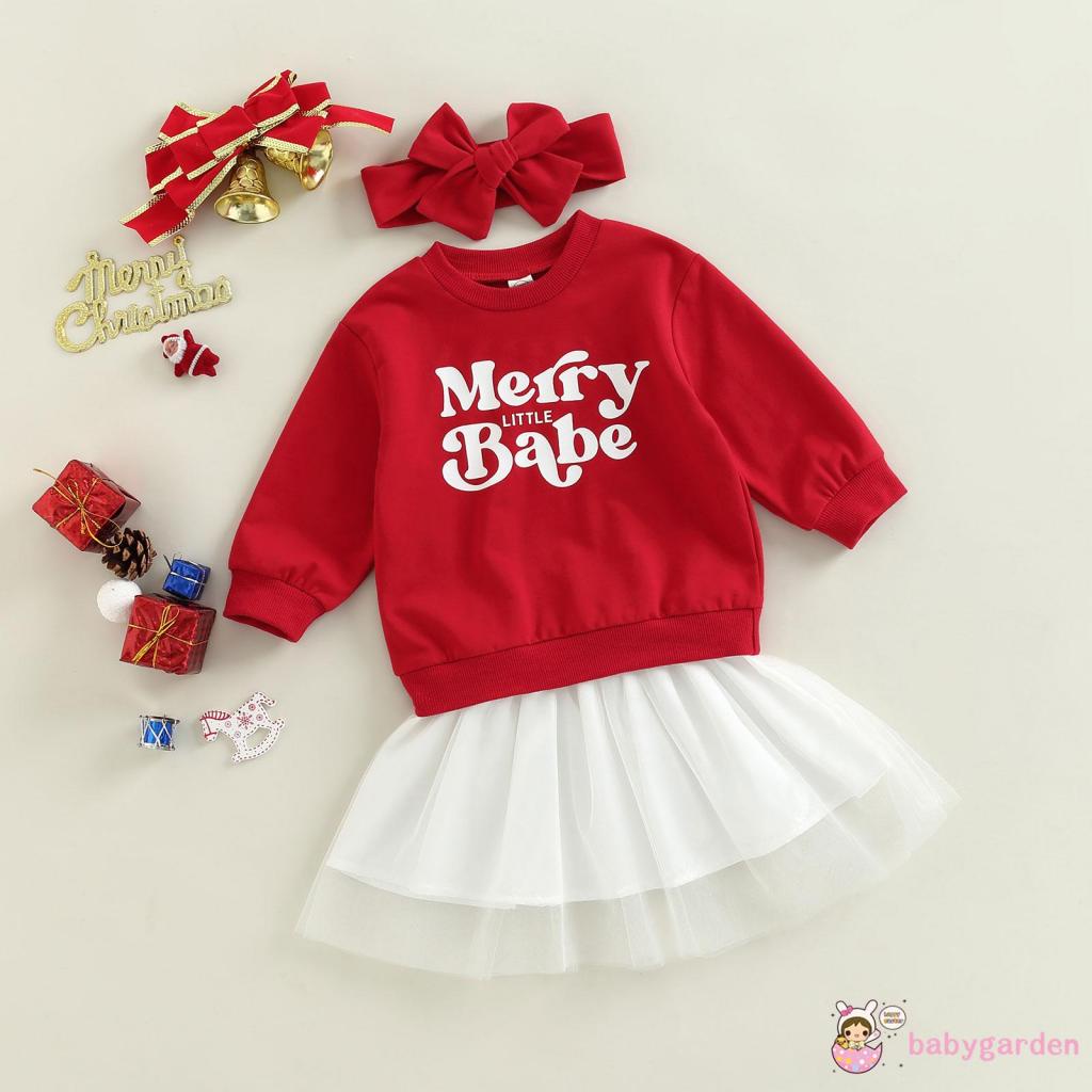 Set Đồ 3 Món Gồm Áo Cổ Tròn In Chữ + Váy Tulle + Băng Cài Đầu In Họa Tiết Giáng Sinh Cho Bé Gái 0-24 Tháng Tuổi