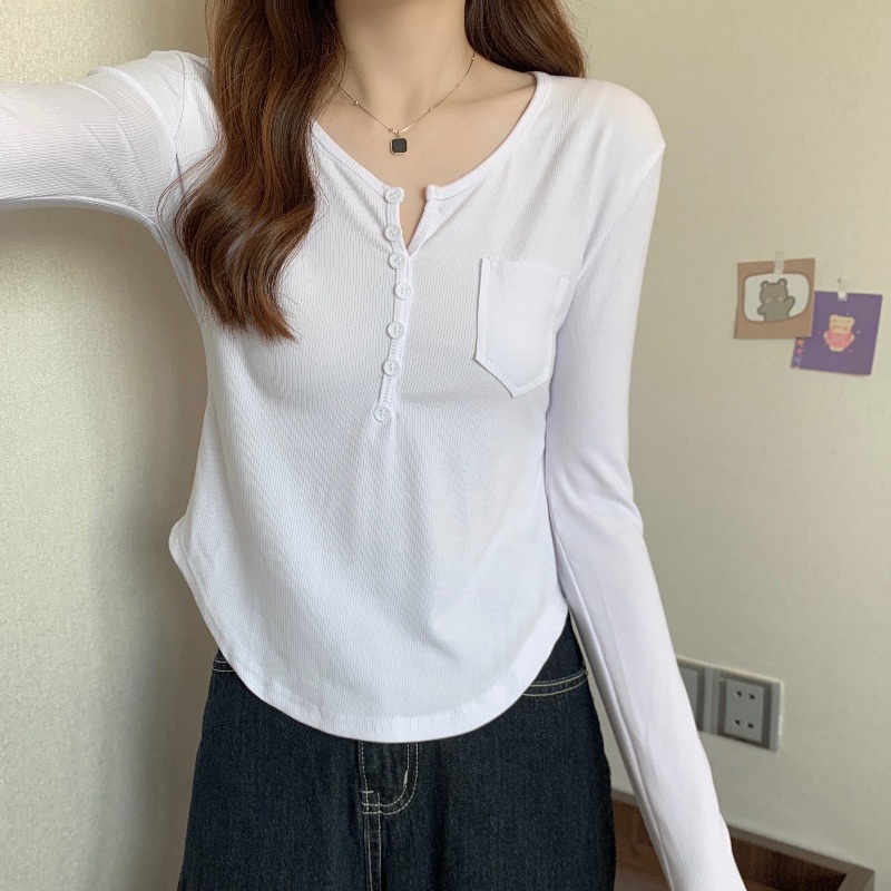 Áo Thun Ngắn Dáng Ôm Cài Nút Thời Trang Mùa Thu Mới Cho Nữ