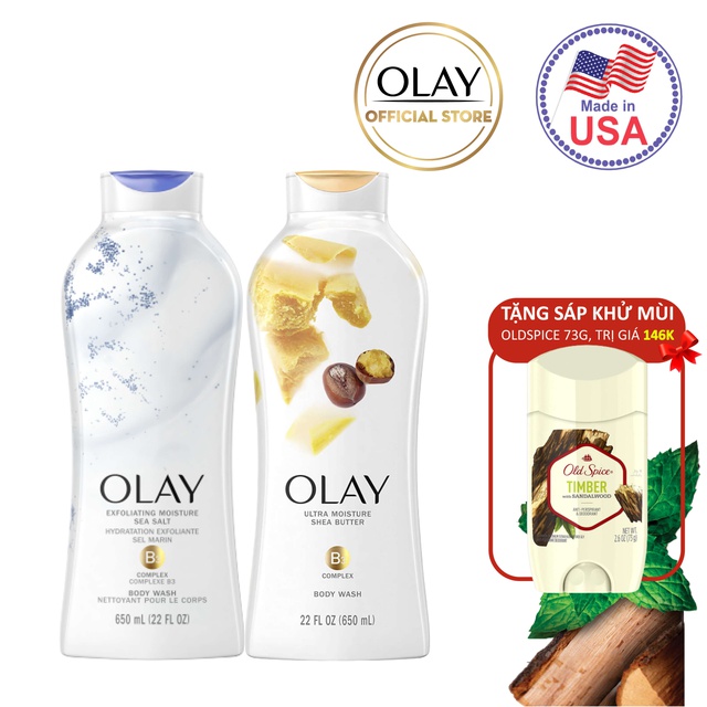 Combo Sữa tắm Olay Body wash Ultra Moisture 650 ml + Sữa tắm Olay Body wash Daily Exfoliating With Sea Salts 650 ml